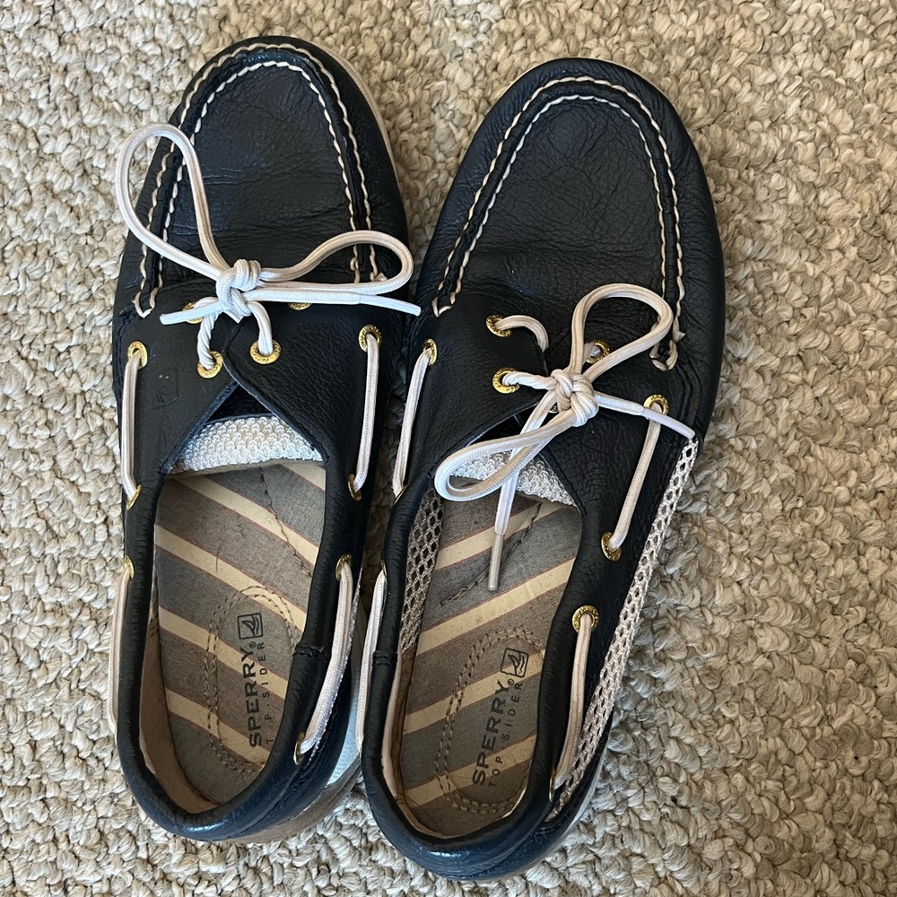 Navy Blue Leather Boat Shoes-Sperrys